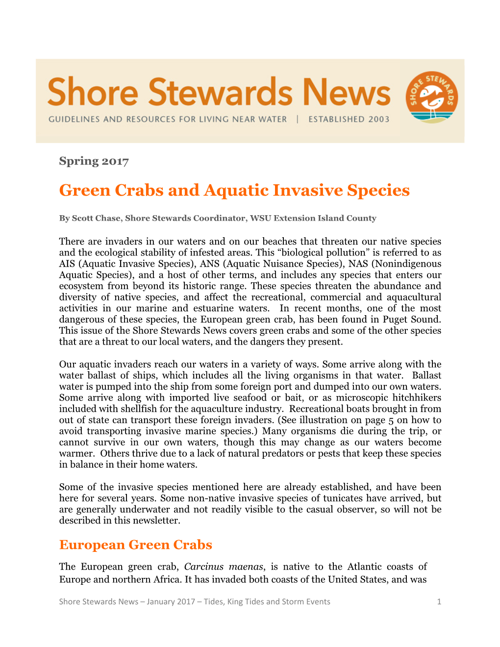 Spring 2017 – Green Crabs and Aquatic Invasive Species