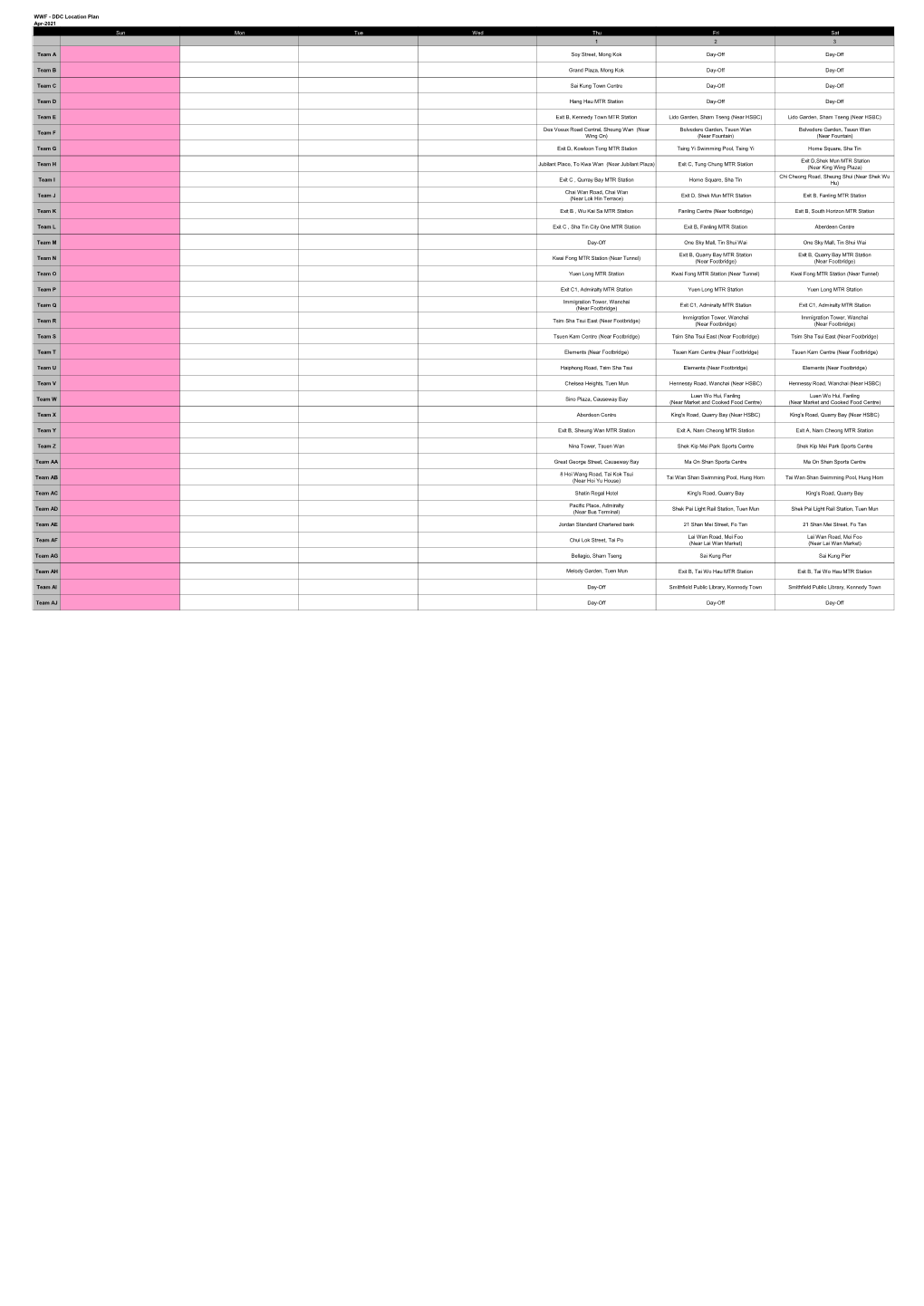 DDC Location Plan Sun Mon Tue Wed Thu Fri Sat 1 2 3 Team A