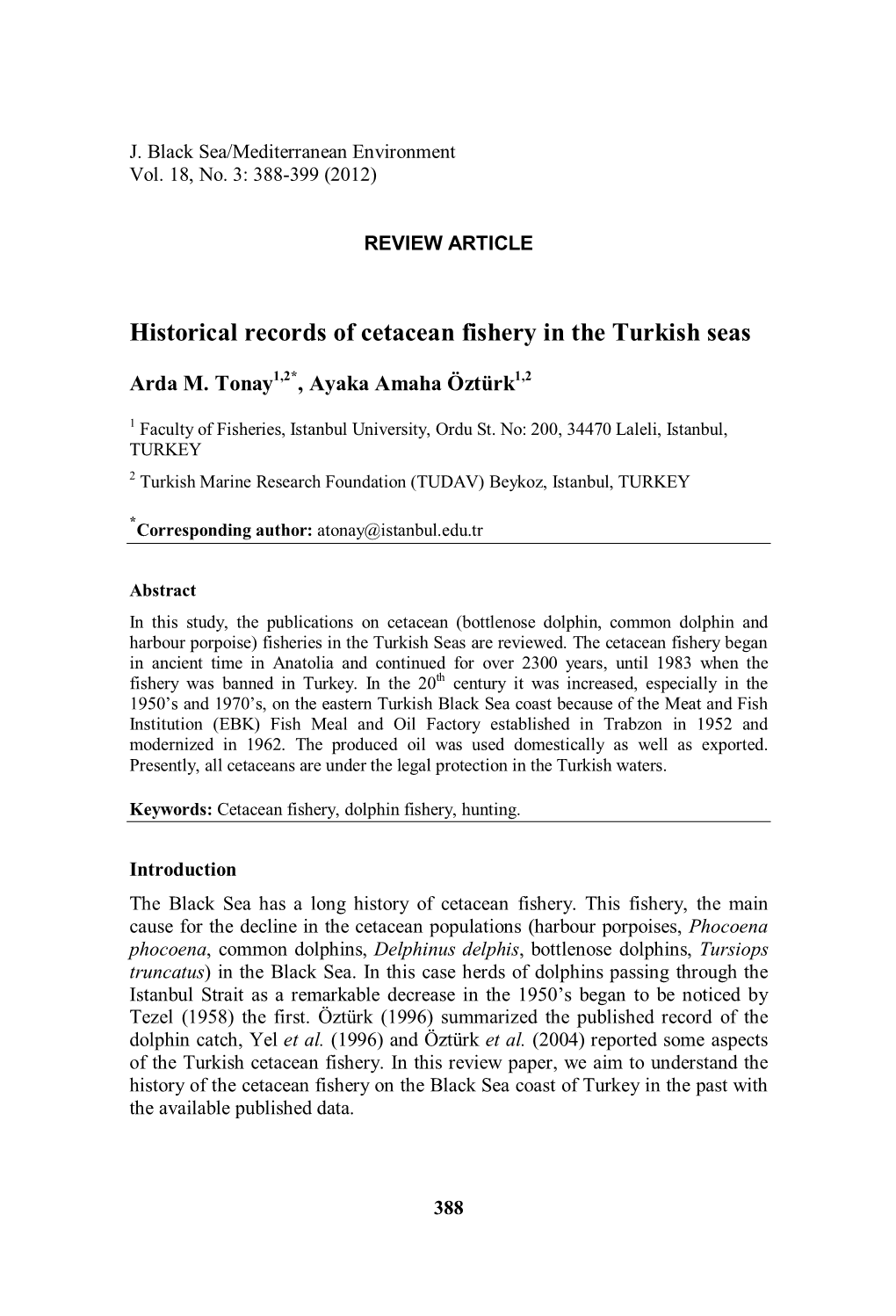 Historical Records of Cetacean Fishery in the Turkish Seas