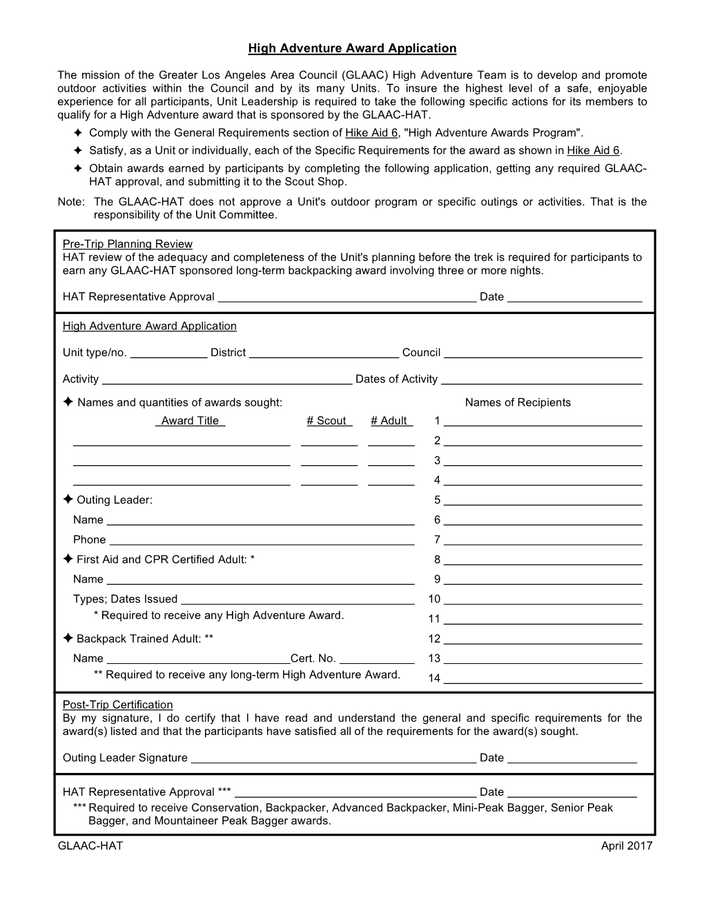 High Adventure Award Application