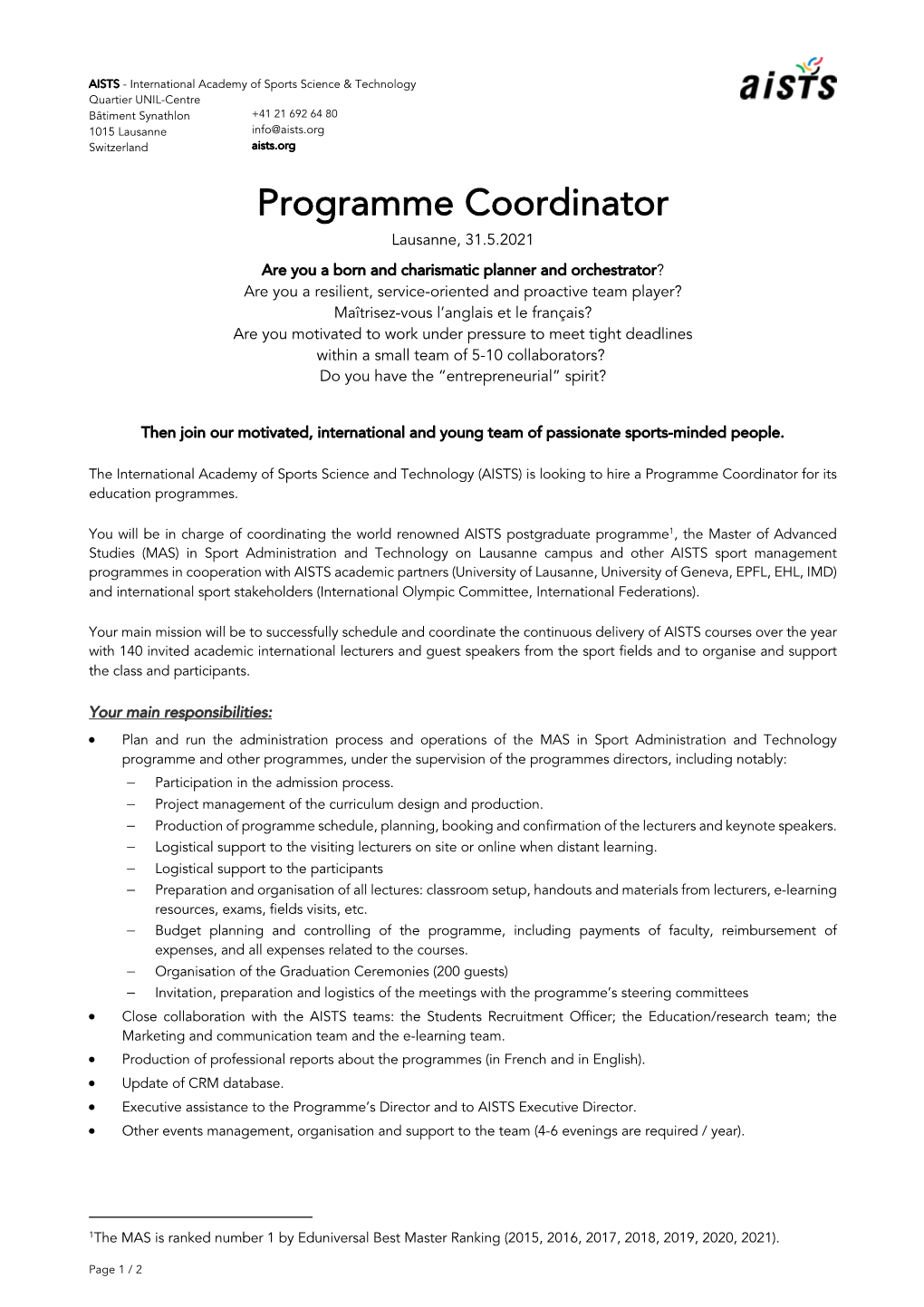 AISTS Programme Coordinator Job Opening June -2021