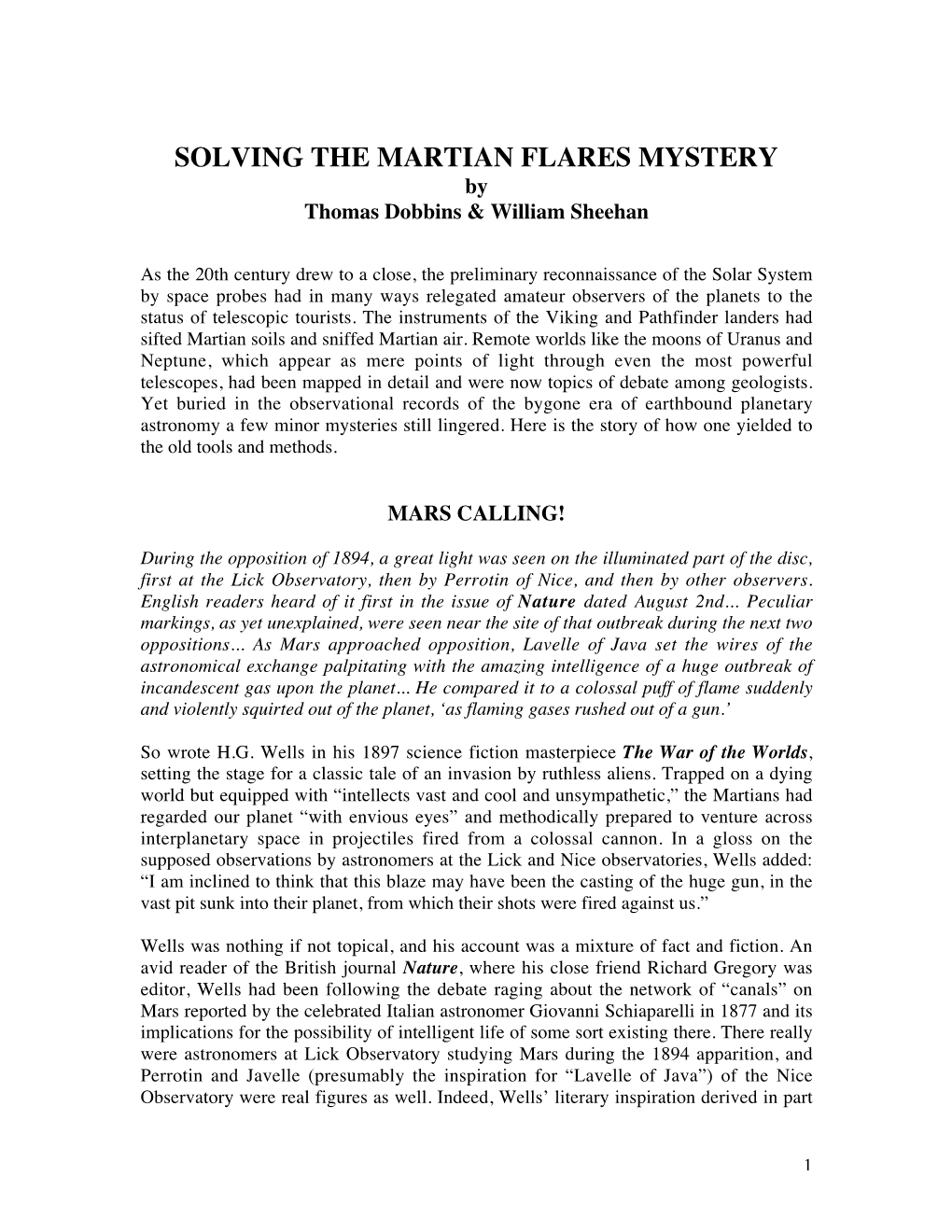 SOLVING the MARTIAN FLARES MYSTERY by Thomas Dobbins & William Sheehan