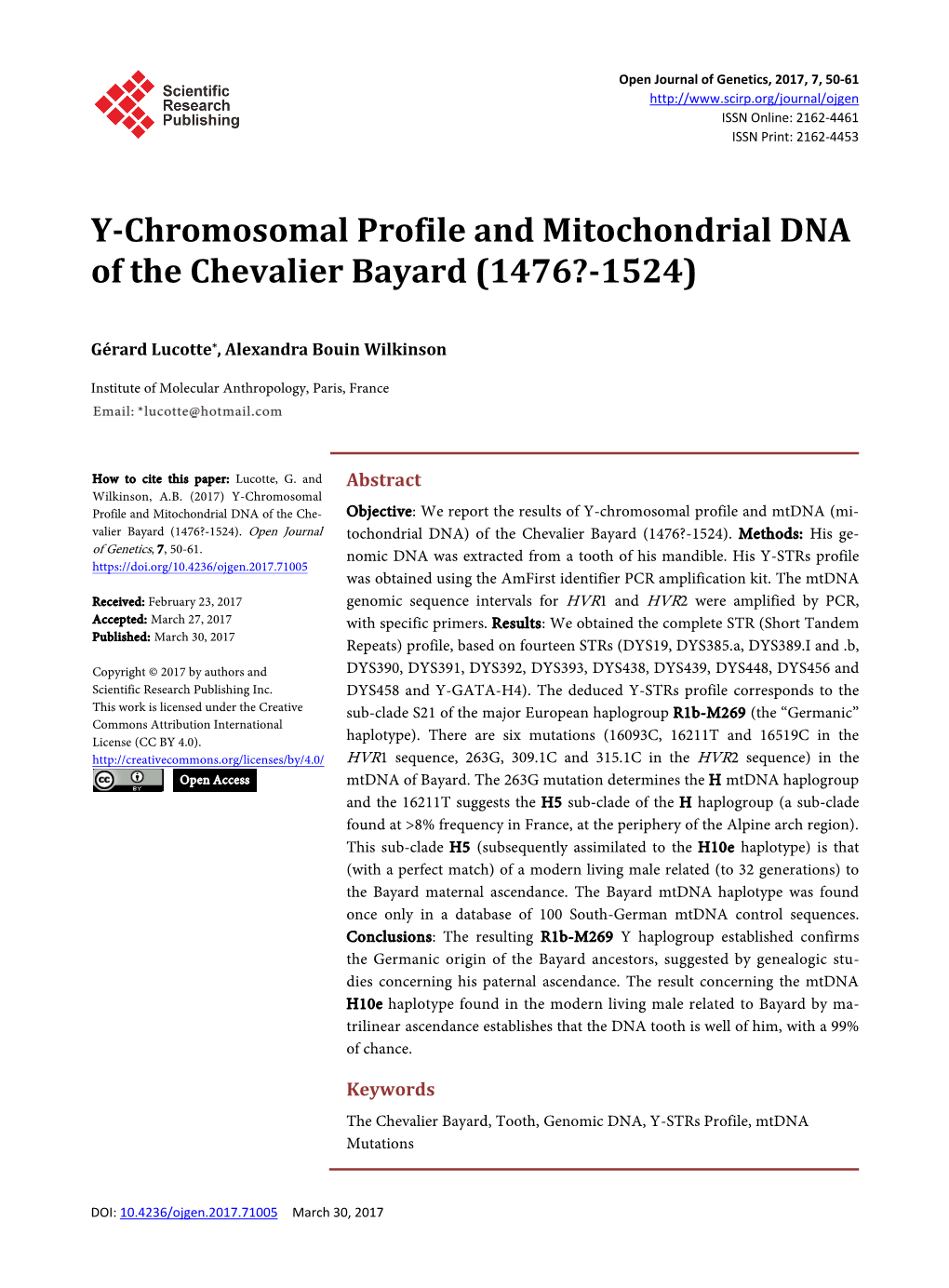 Y-Chromosomal Profile and Mitochondrial DNA of the Chevalier Bayard (1476?-1524)