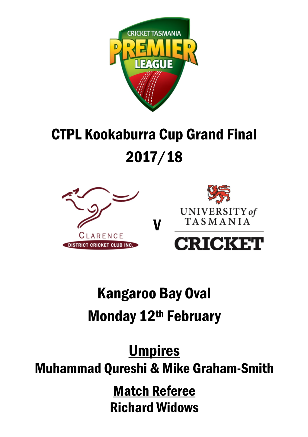 CTPL Kookaburra Cup Grand Final 2017/18 V Kangaroo Bay Oval Monday 12Th February Umpires