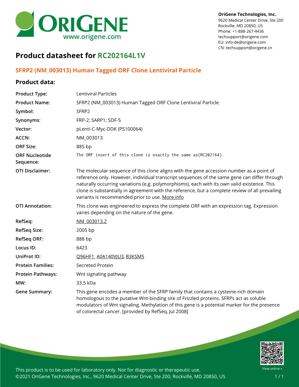 SFRP2 (NM 003013) Human Tagged ORF Clone Lentiviral Particle Product Data