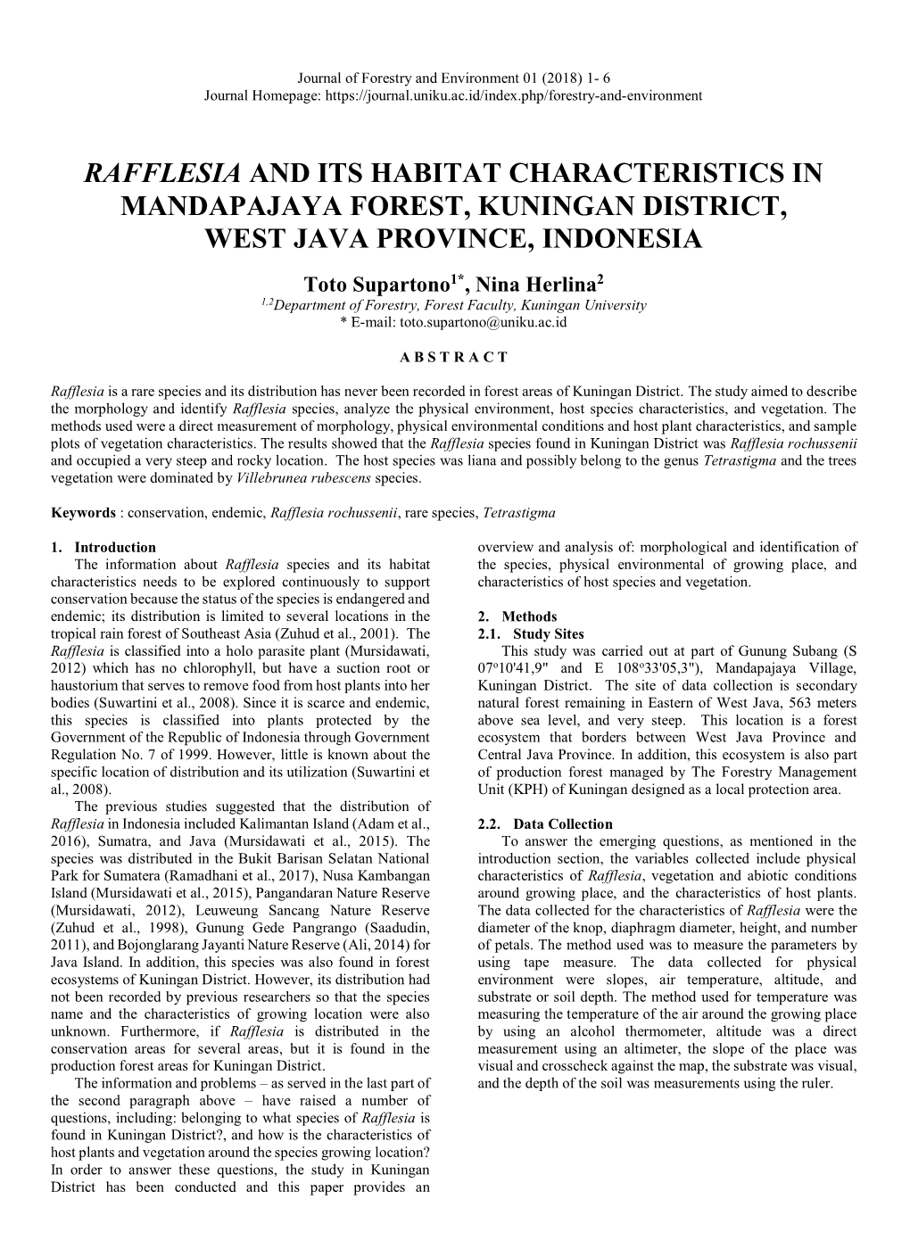 Rafflesia and Its Habitat Characteristics in Mandapajaya Forest, Kuningan District, West Java Province, Indonesia