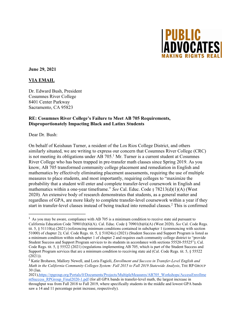 Demand Letter to Cosumnes River College