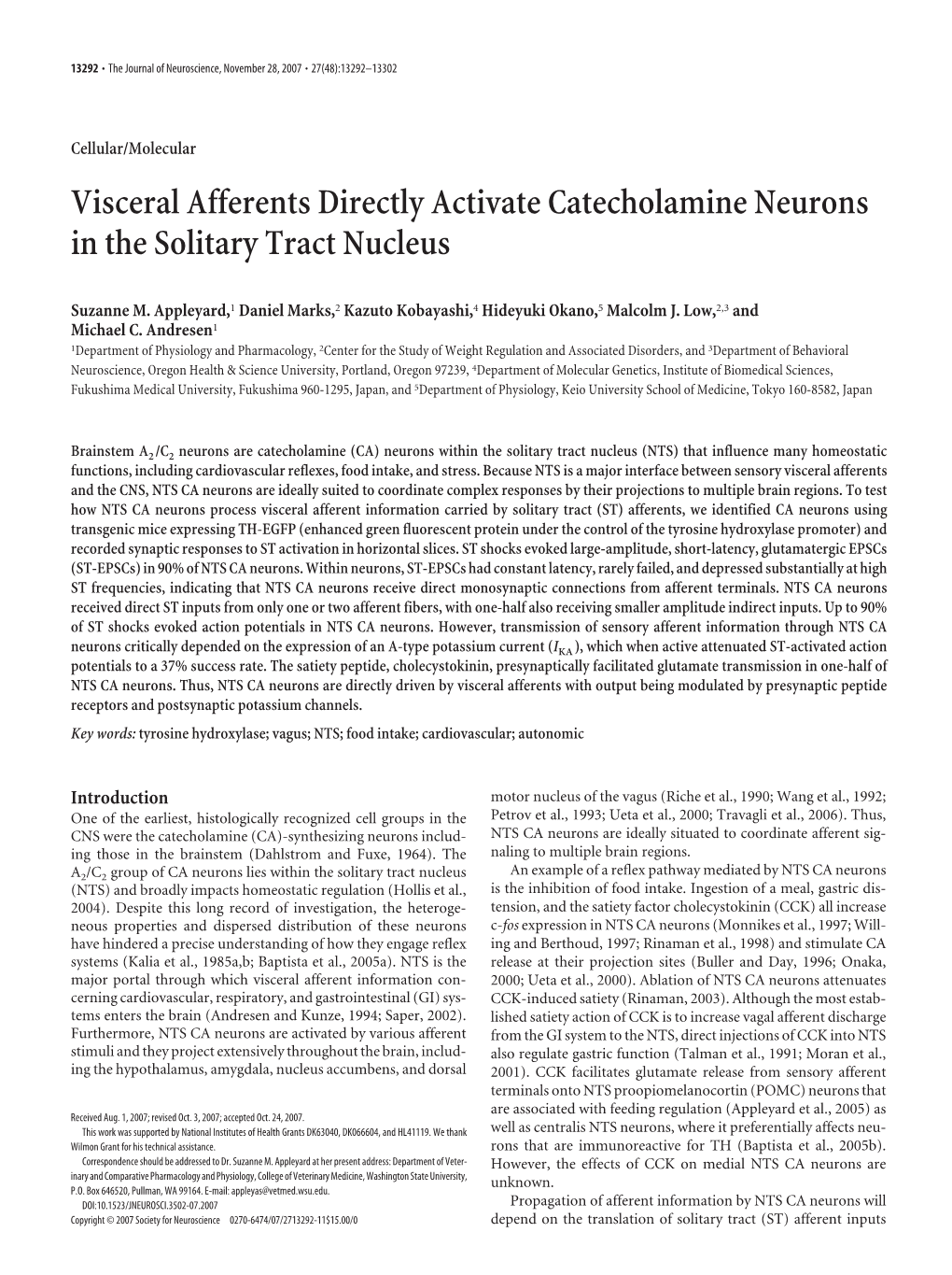 Visceral Afferents Directly Activate Catecholamine Neurons in the Solitary Tract Nucleus