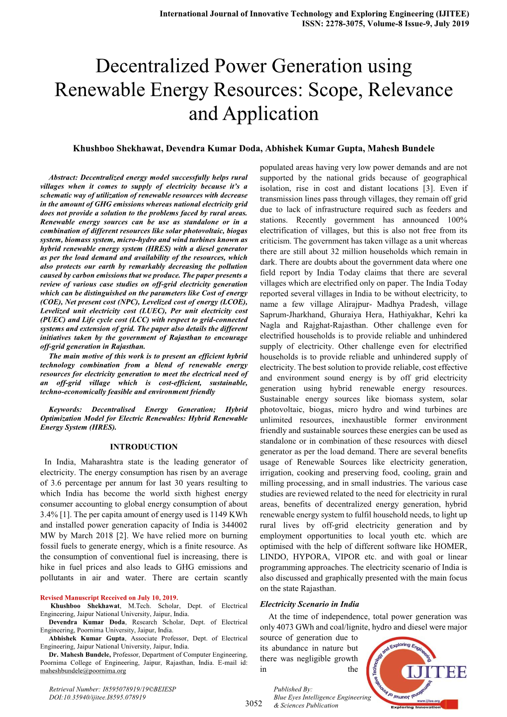 Decentralized Power Generation Using Renewable Energy Resources: Scope, Relevance and Application