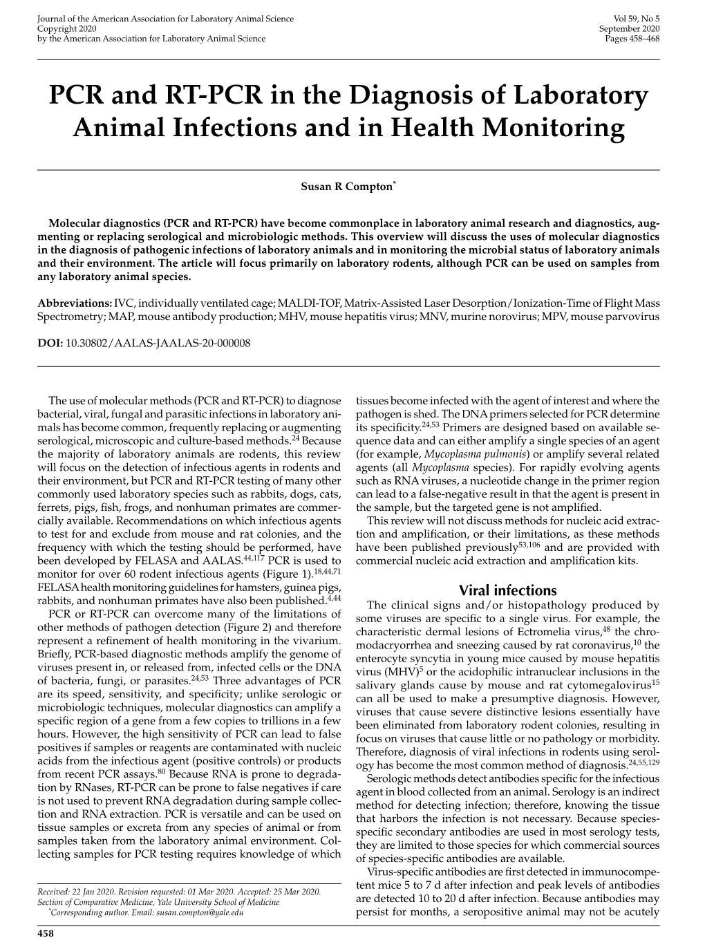 PCR and RT-PCR in the Diagnosis of Laboratory Animal Infections and in Health Monitoring