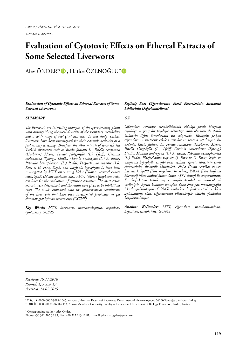 Evaluation of Cytotoxic Effects on Ethereal Extracts of Some Selected Liverworts