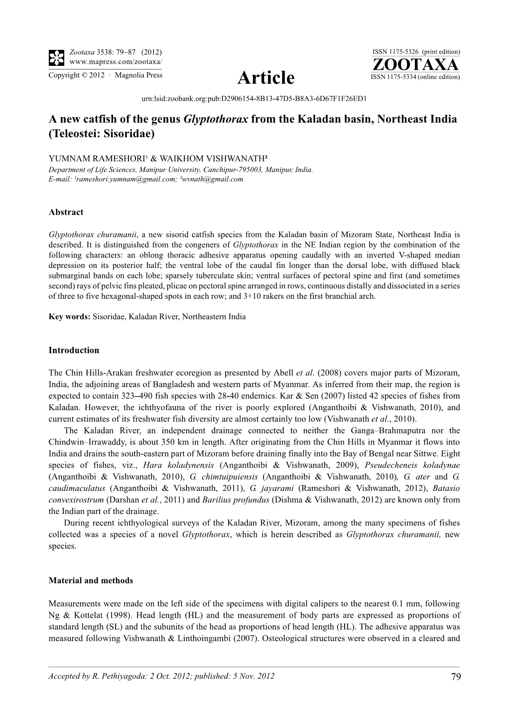 A New Catfish of the Genus Glyptothorax from the Kaladan Basin, Northeast India (Teleostei: Sisoridae)