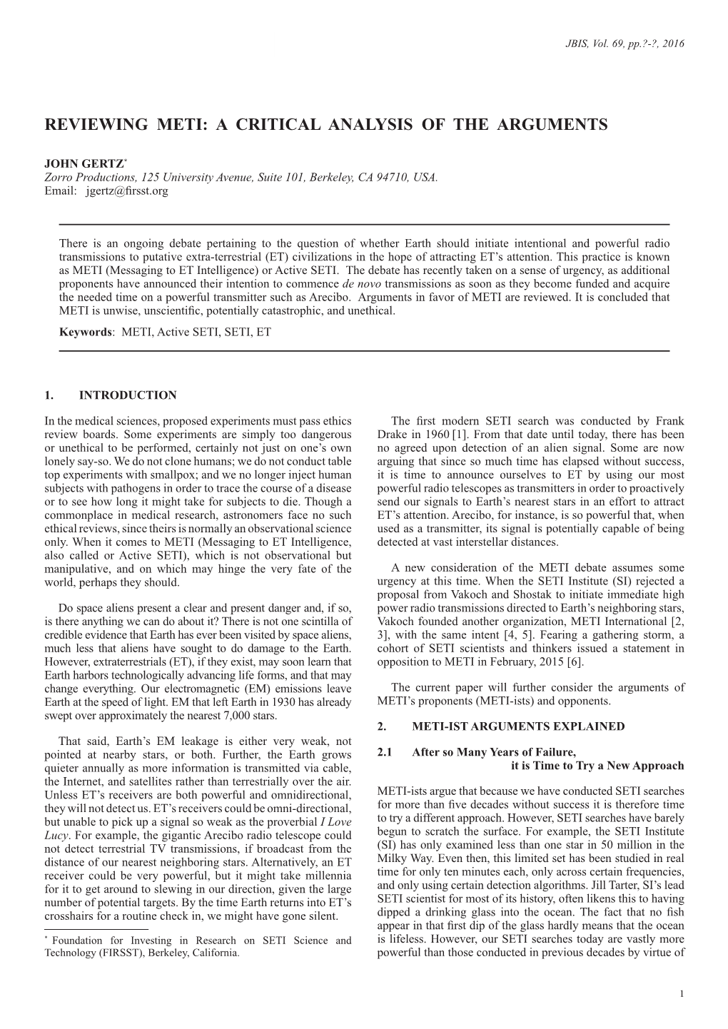 Reviewing METI: a Criticaljbis, Analysis Vol