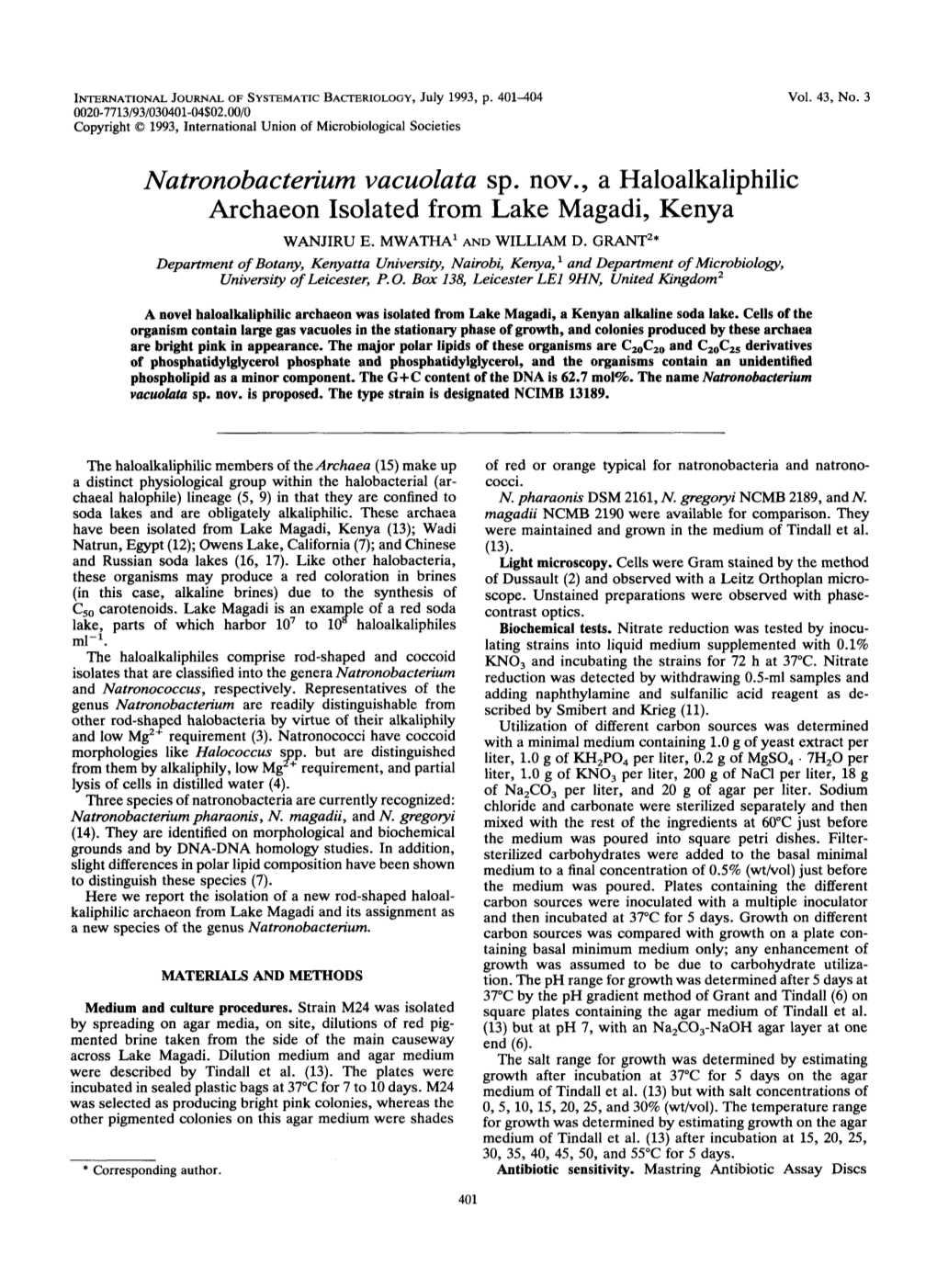 Natronobacterium Vacuolata Sp. Nov., a Haloalkaliphilic Archaeon Isolated from Lake Magadi, Kenya