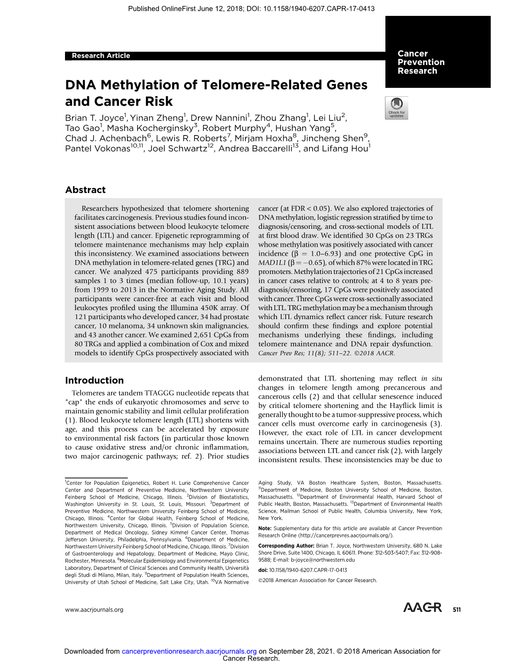 DNA Methylation of Telomere-Related Genes and Cancer Risk Brian T