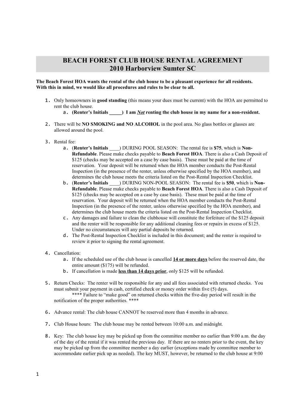 Beach Forest Club House Rental Agreement