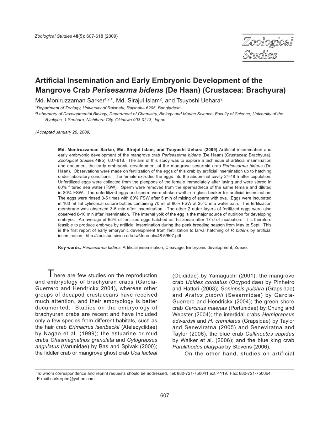 Artificial Insemination and Early Embryonic Development of the Mangrove Crab Perisesarma Bidens (De Haan) (Crustacea: Brachyura) Md