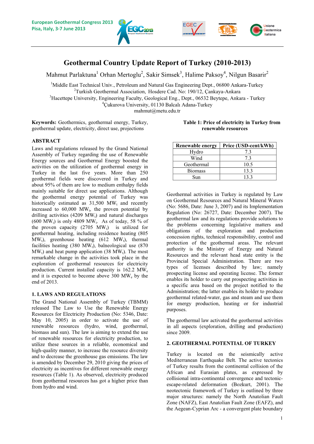 Geothermal Country Update Report of Turkey (2010-2013)