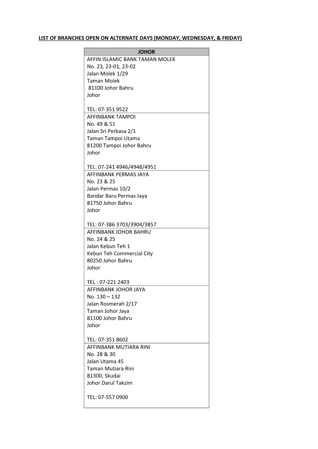 LIST of BRANCHES OPEN on ALTERNATE DAYS (MONDAY, WEDNESDAY, & FRIDAY) JOHOR AFFIN ISLAMIC BANK TAMAN MOLEK No. 23, 23-01, 23