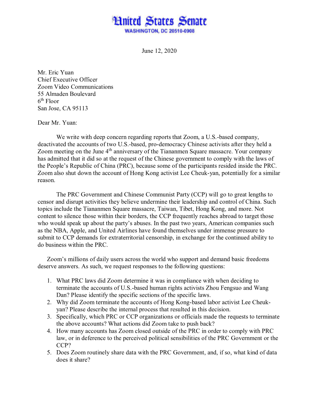 June 12, 2020 Mr. Eric Yuan Chief Executive Officer Zoom Video Communications 55 Almaden Boulevard 6Th Floor San Jose, CA 95113