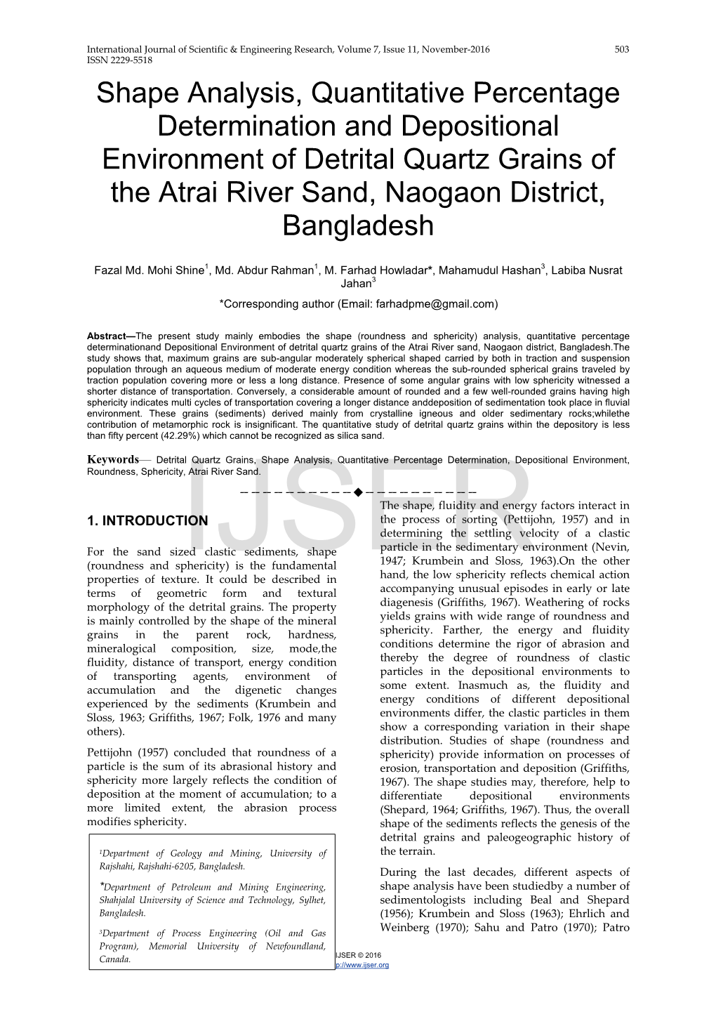 Shape Analysis, Quantitative Percentage Determination and Depositional Environment of Detrital Quartz Grains of the Atrai River Sand, Naogaon District, Bangladesh