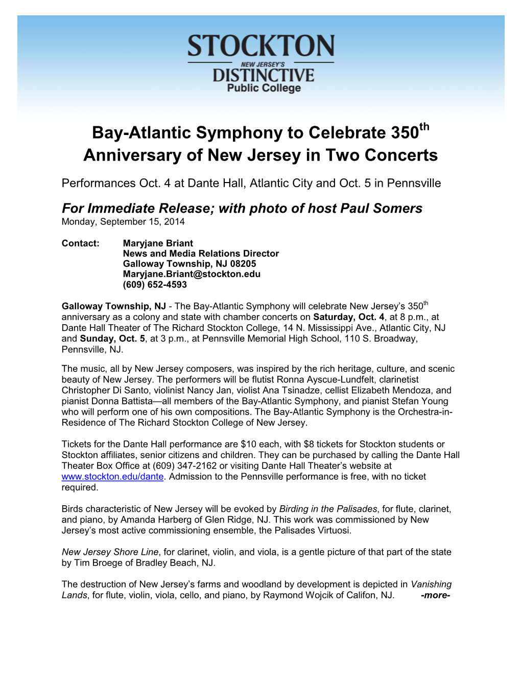 Bay-Atlantic Symphony to Celebrate 350Th Anniversary of New Jersey in Two Concerts Performances Oct