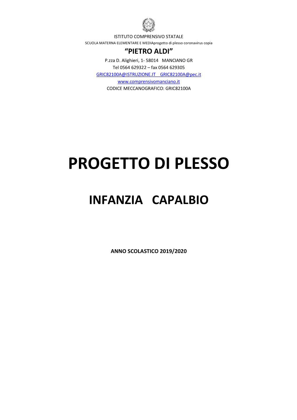 Progetto Di Plesso Coronavirus Copia “PIETRO ALDI” P.Zza D