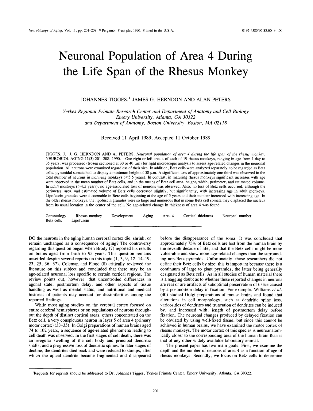 Neuronal Population of Area 4 During the Life Span of the Rhesus Monkey