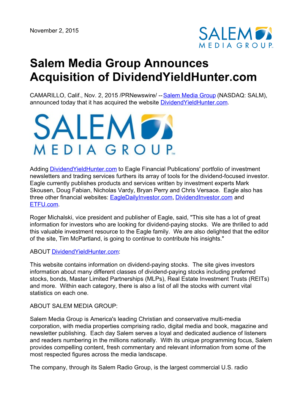 Salem Media Group Announces Acquisition of Dividendyieldhunter.Com