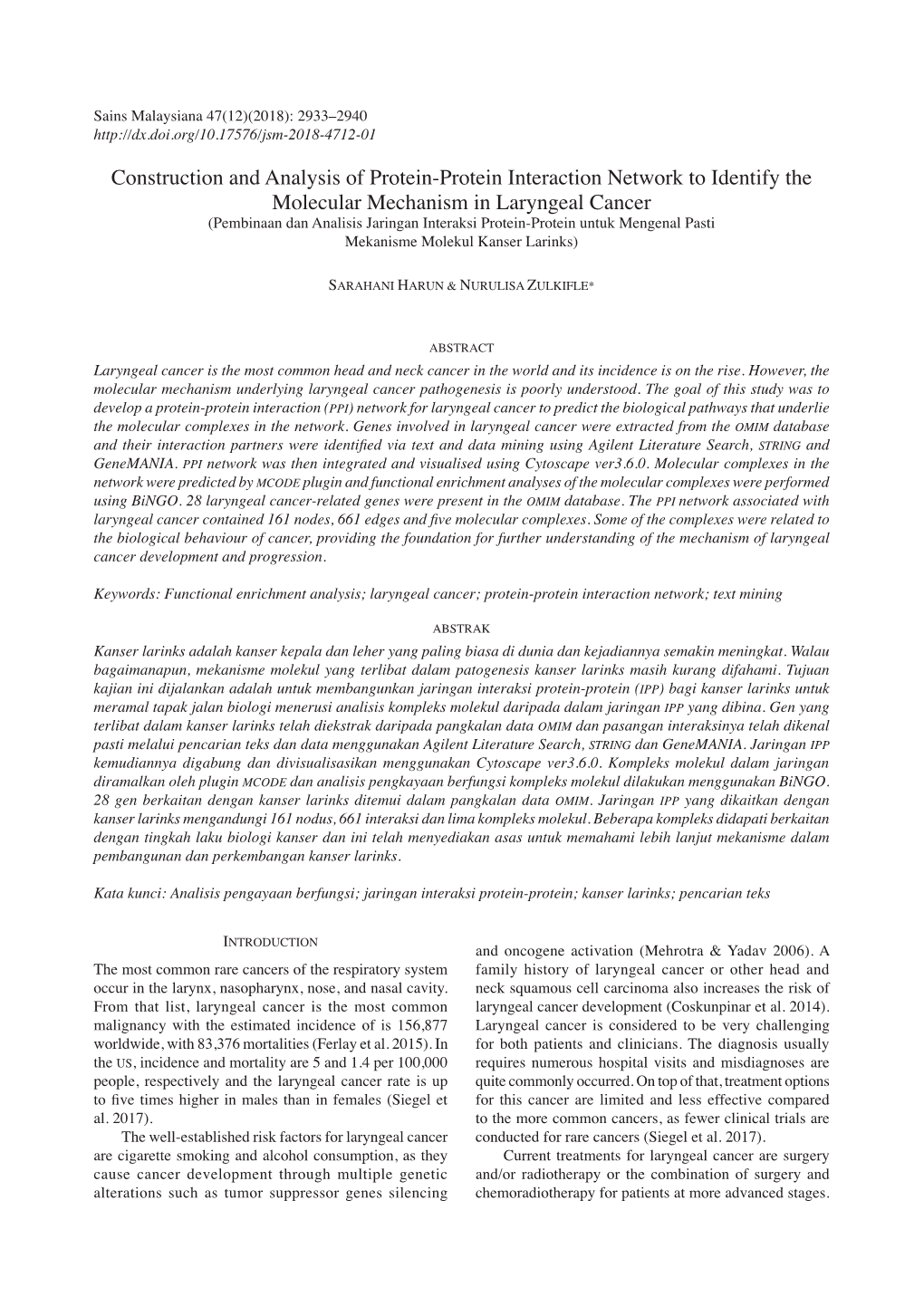 Construction and Analysis of Protein-Protein Interaction Network