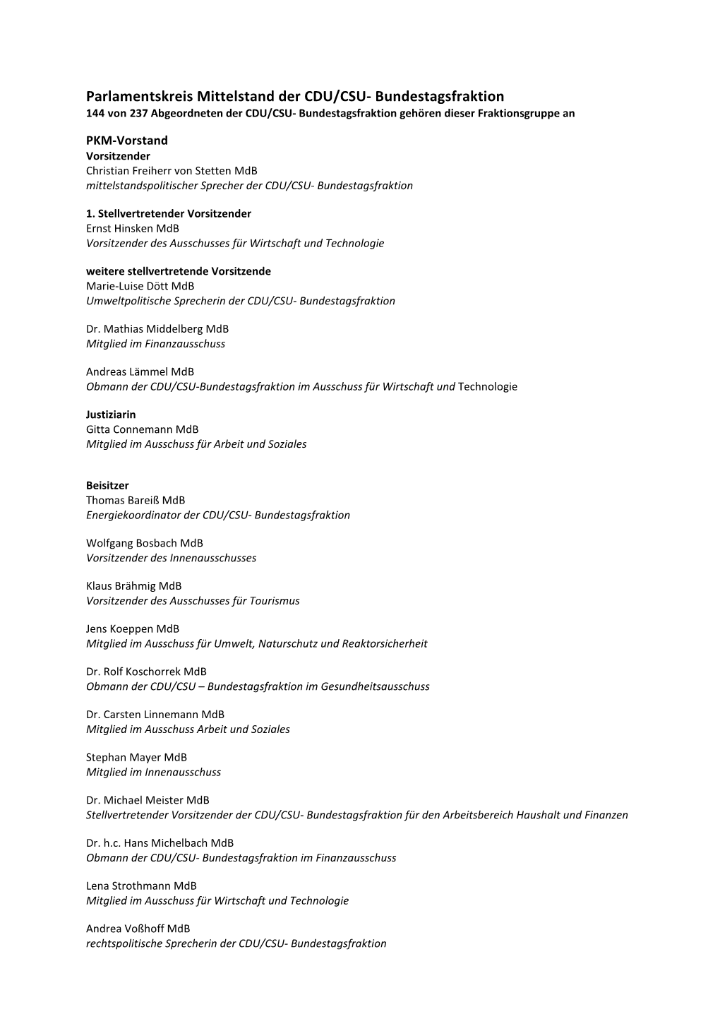 Parlamentskreis Mittelstand Der CDU/CSU- Bundestagsfraktion 144 Von 237 Abgeordneten Der CDU/CSU- Bundestagsfraktion Gehören Dieser Fraktionsgruppe An