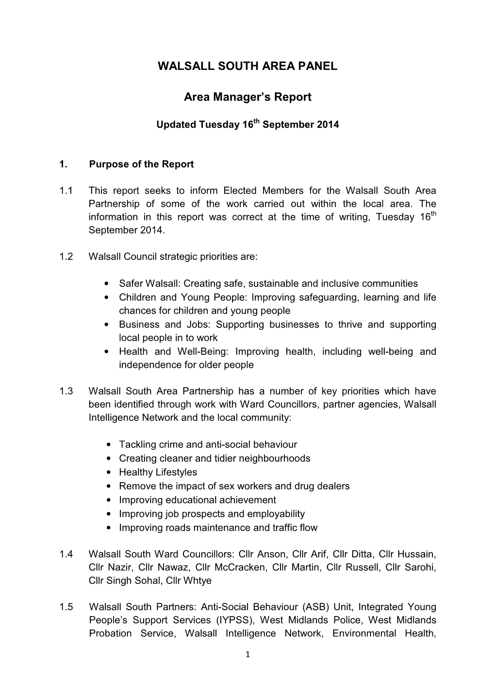 WALSALL SOUTH AREA PANEL Area Manager's Report