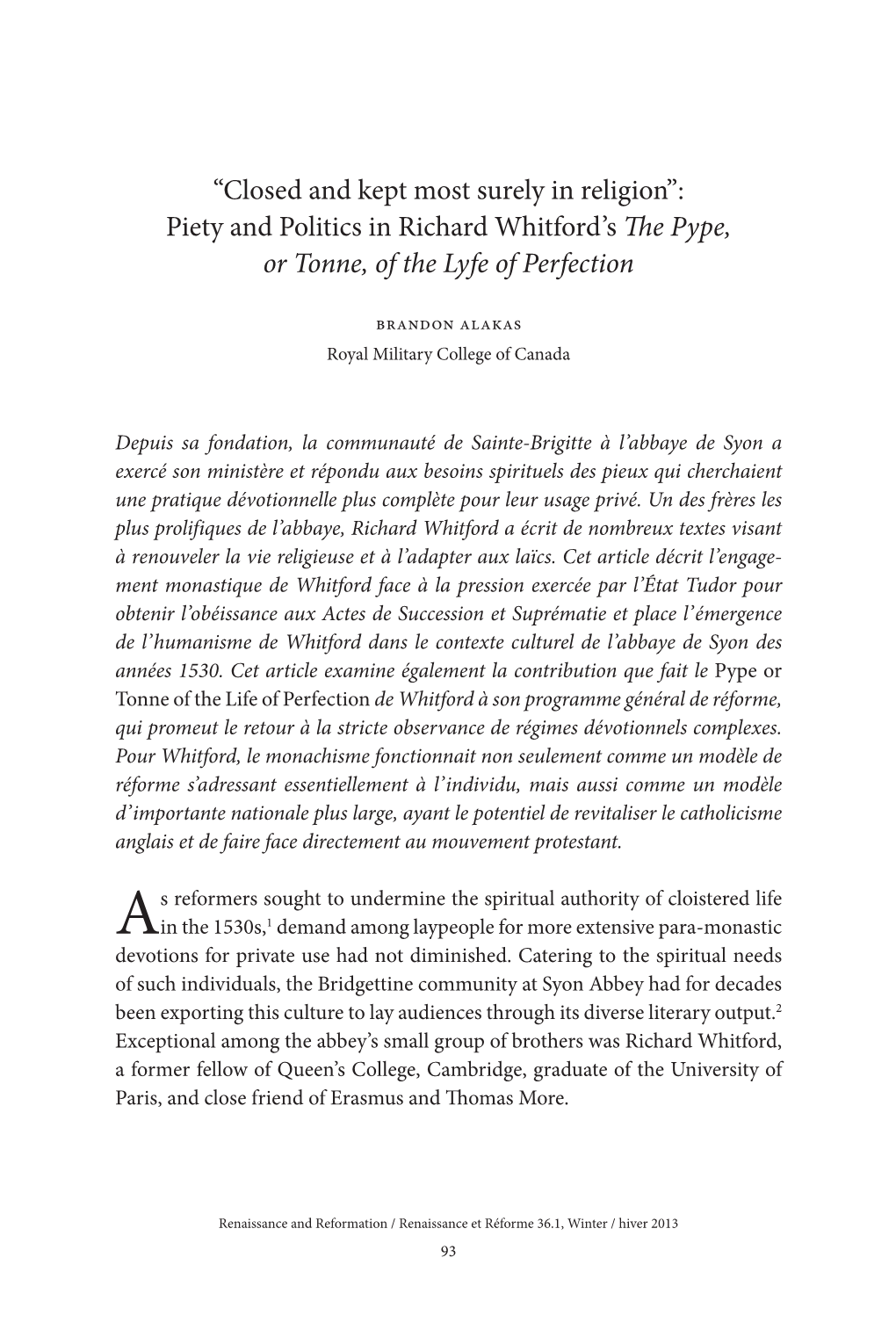 Piety and Politics in Richard Whitford's The