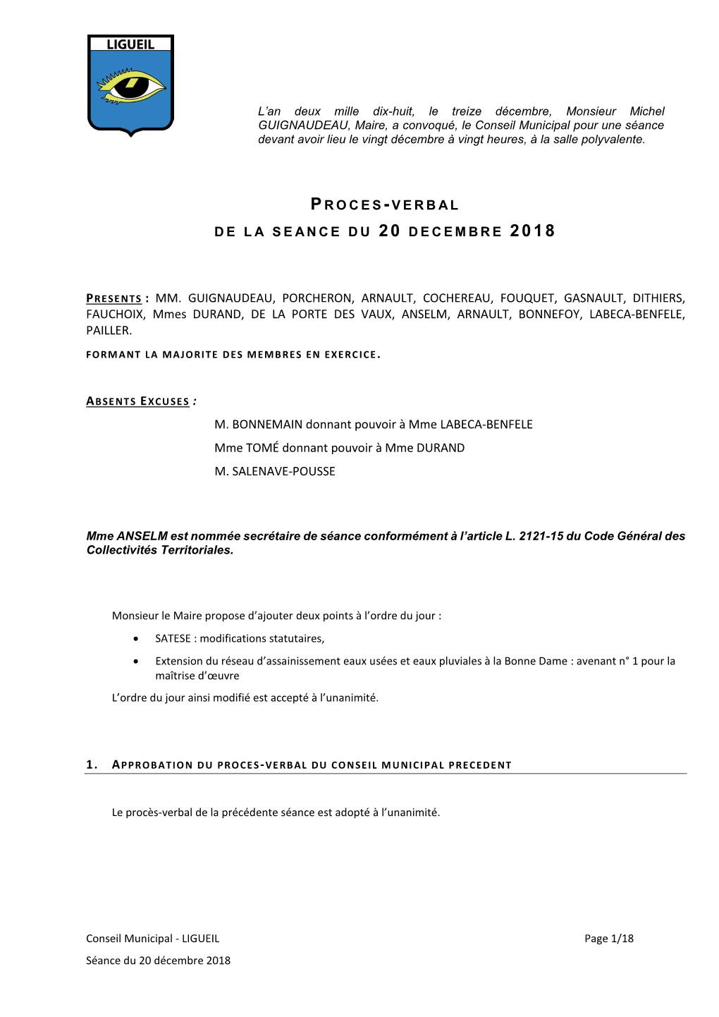 Conseil Municipal Pour Une Séance Devant Avoir Lieu Le Vingt Décembre À Vingt Heures, À La Salle Polyvalente