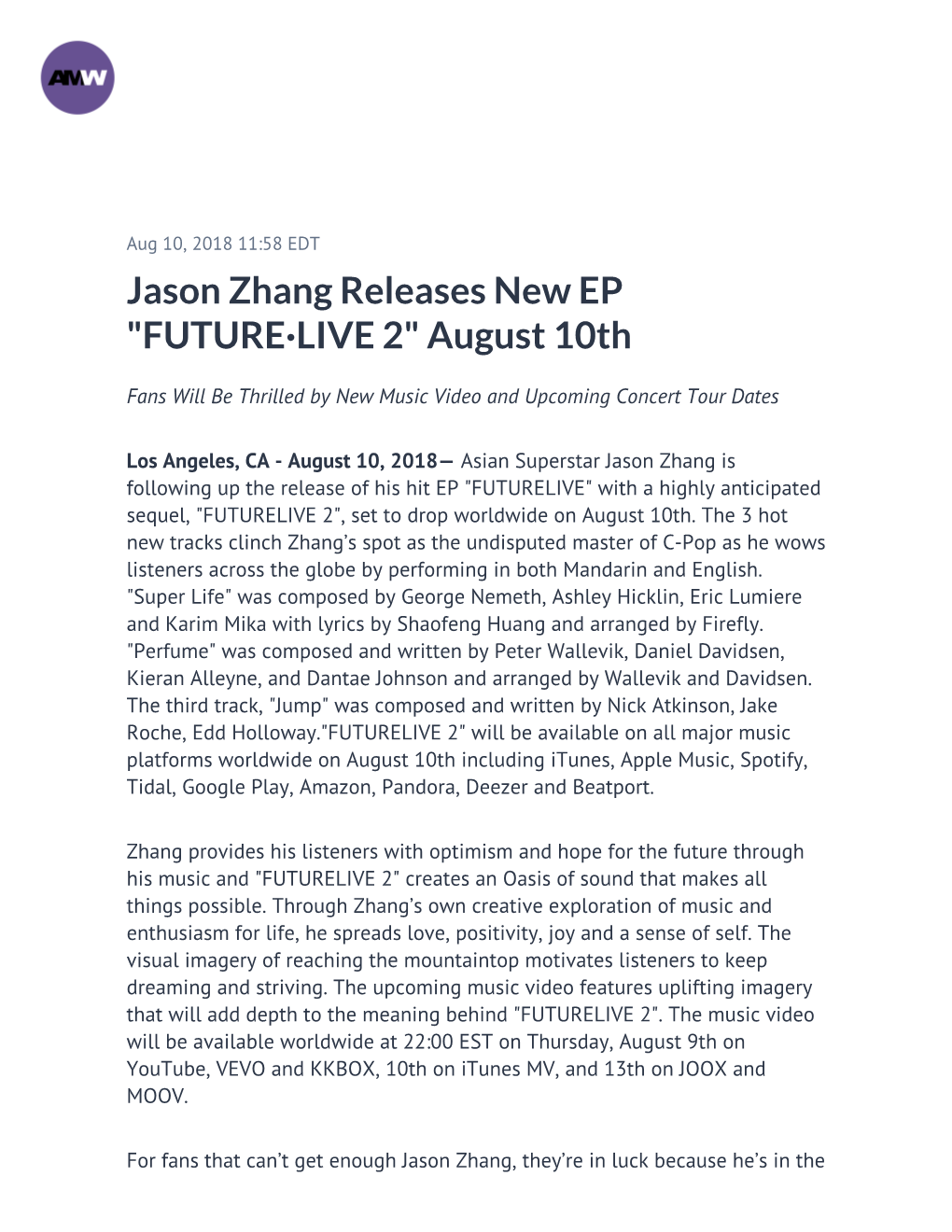 Jason Zhang Releases New EP "FUTURE·LIVE 2" August 10Th
