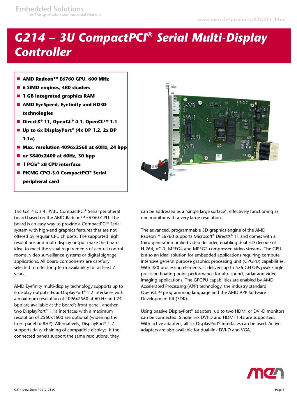 G214 – 3U Compactpci® Serial Multi-Display Controller