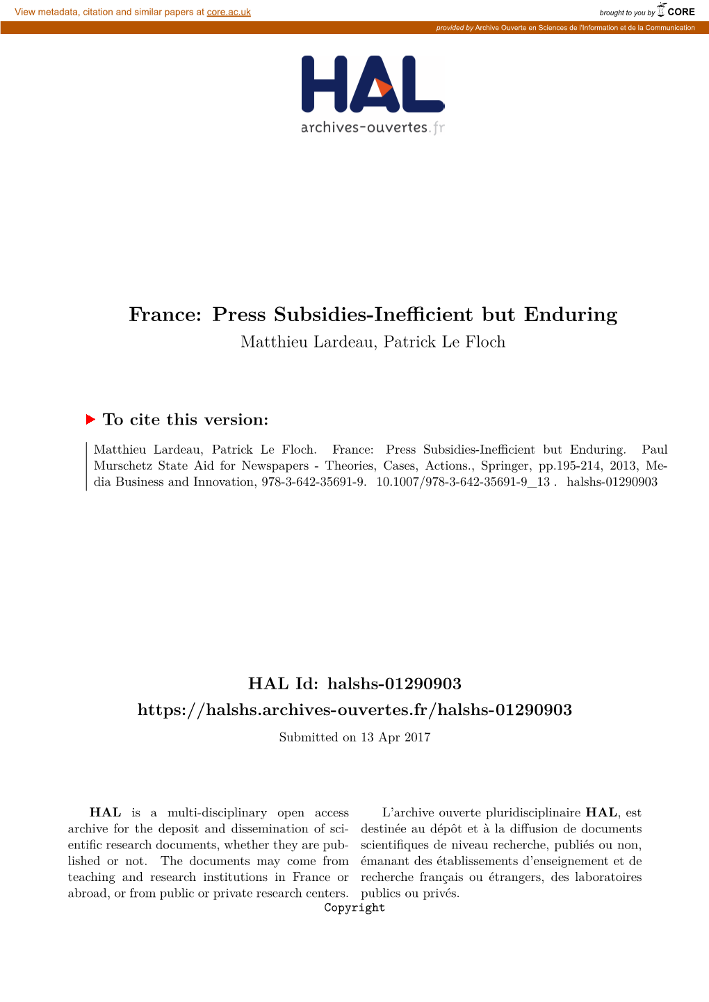 France: Press Subsidies-Inefficient but Enduring Matthieu Lardeau, Patrick Le Floch