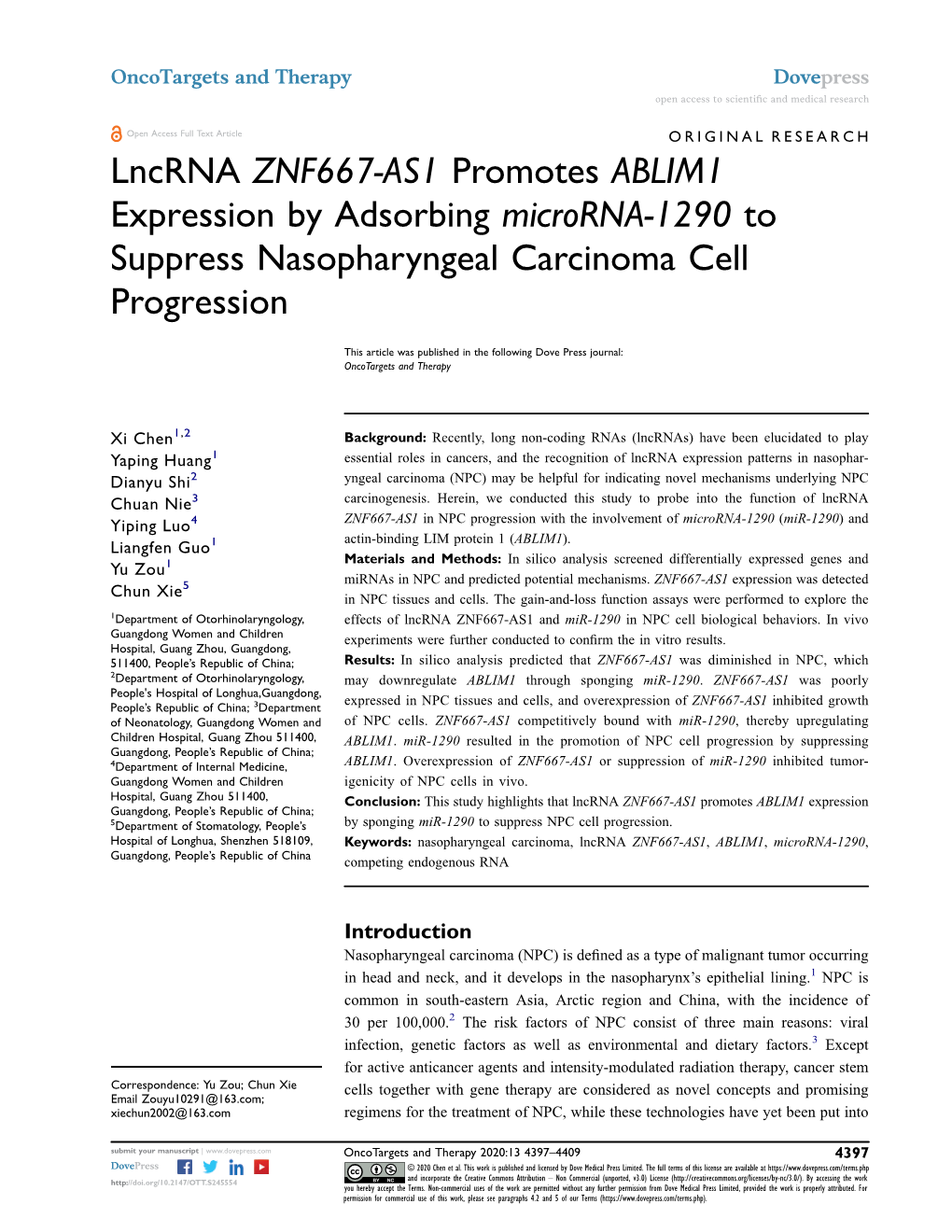 Lncrna ZNF667-AS1 Promotes ABLIM1 Expression by Adsorbing Microrna-1290 to Suppress Nasopharyngeal Carcinoma Cell Progression