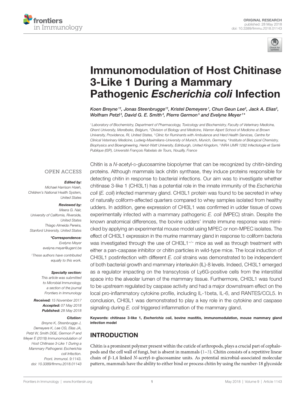 Immunomodulation of Host Chitinase 3-Like 1 During a Mammary Pathogenic Escherichia Coli Infection