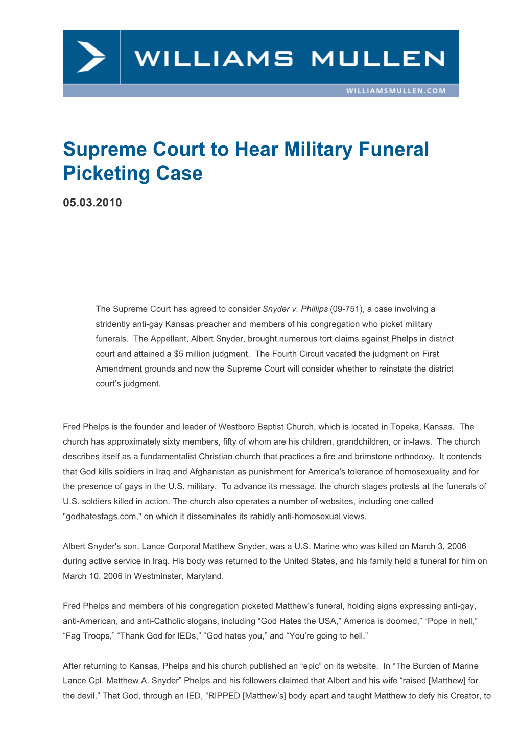 Supreme Court to Hear Military Funeral Picketing Case