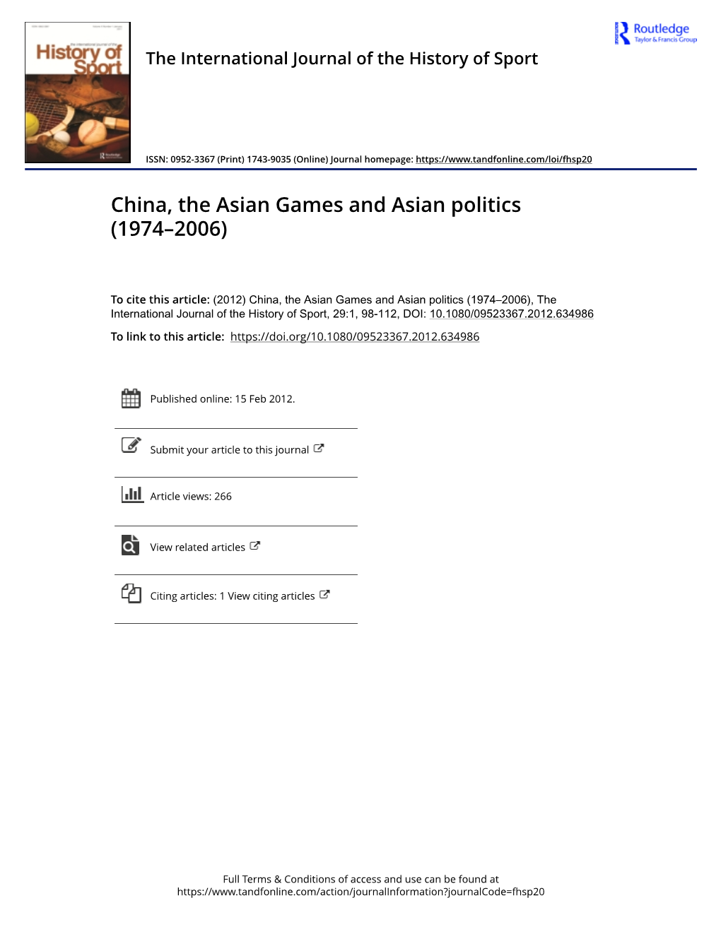 China, the Asian Games and Asian Politics (1974–2006)