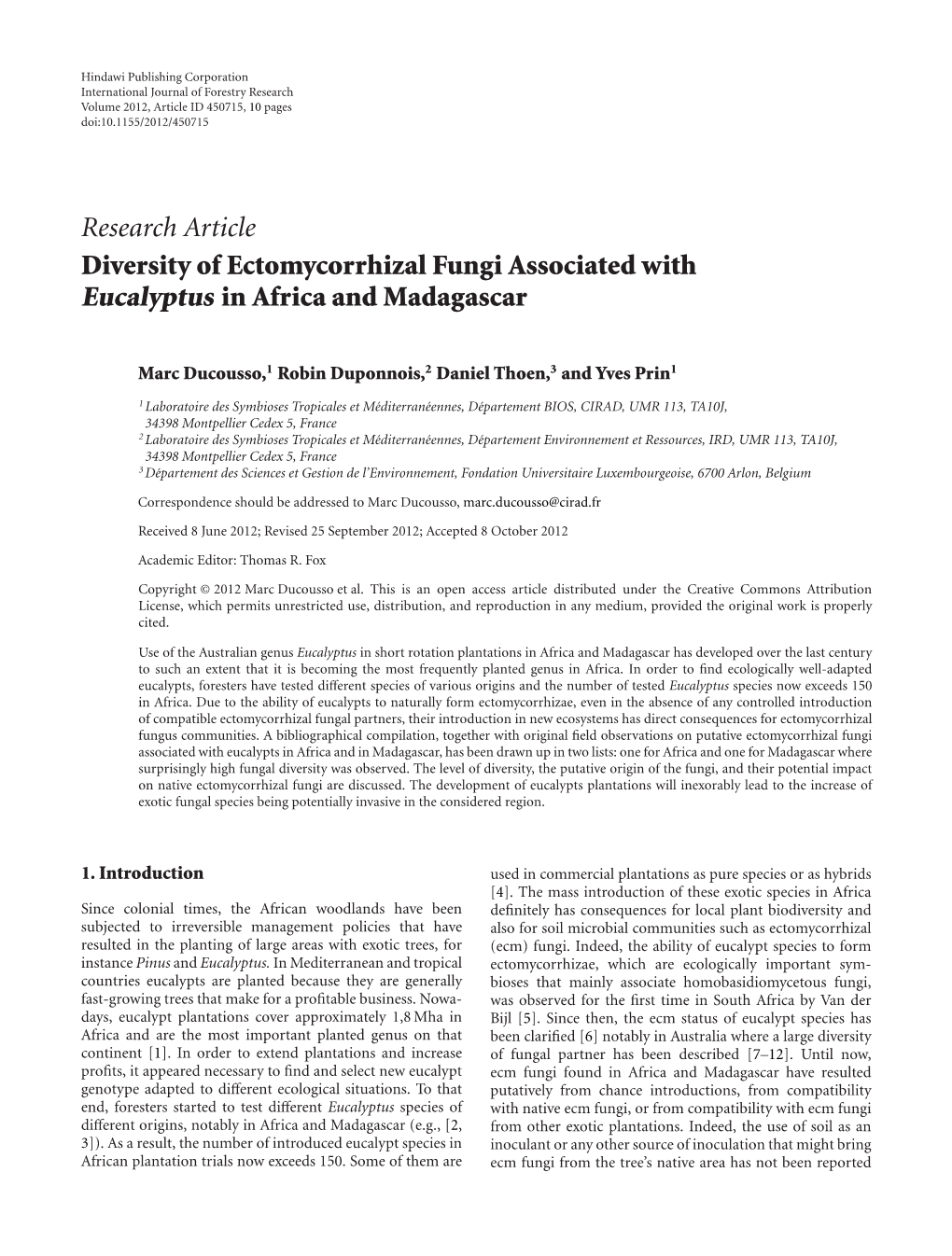 Research Article Diversity of Ectomycorrhizal Fungi Associated with Eucalyptus in Africa and Madagascar