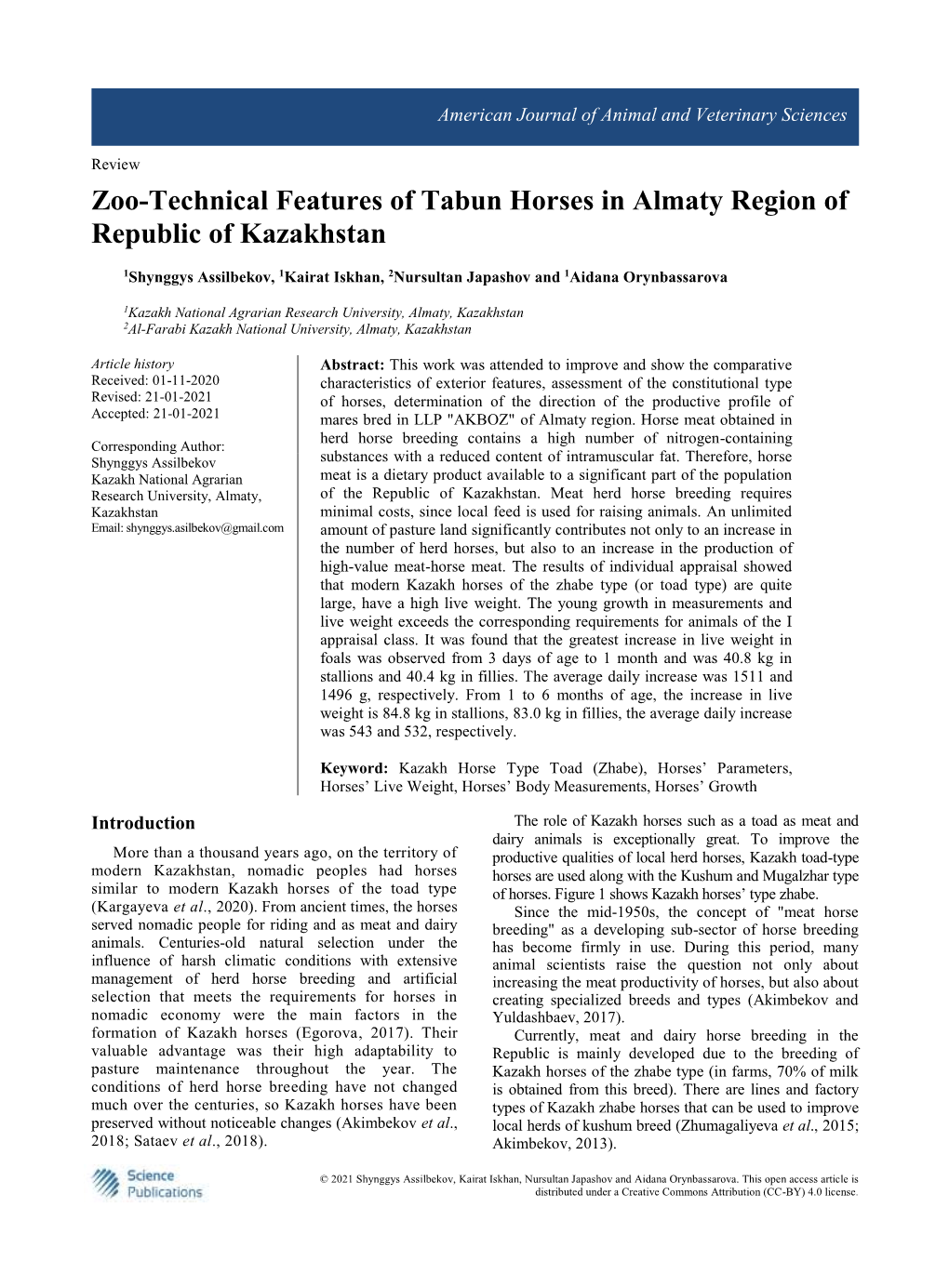 Zoo-Technical Features of Tabun Horses in Almaty Region of Republic of Kazakhstan