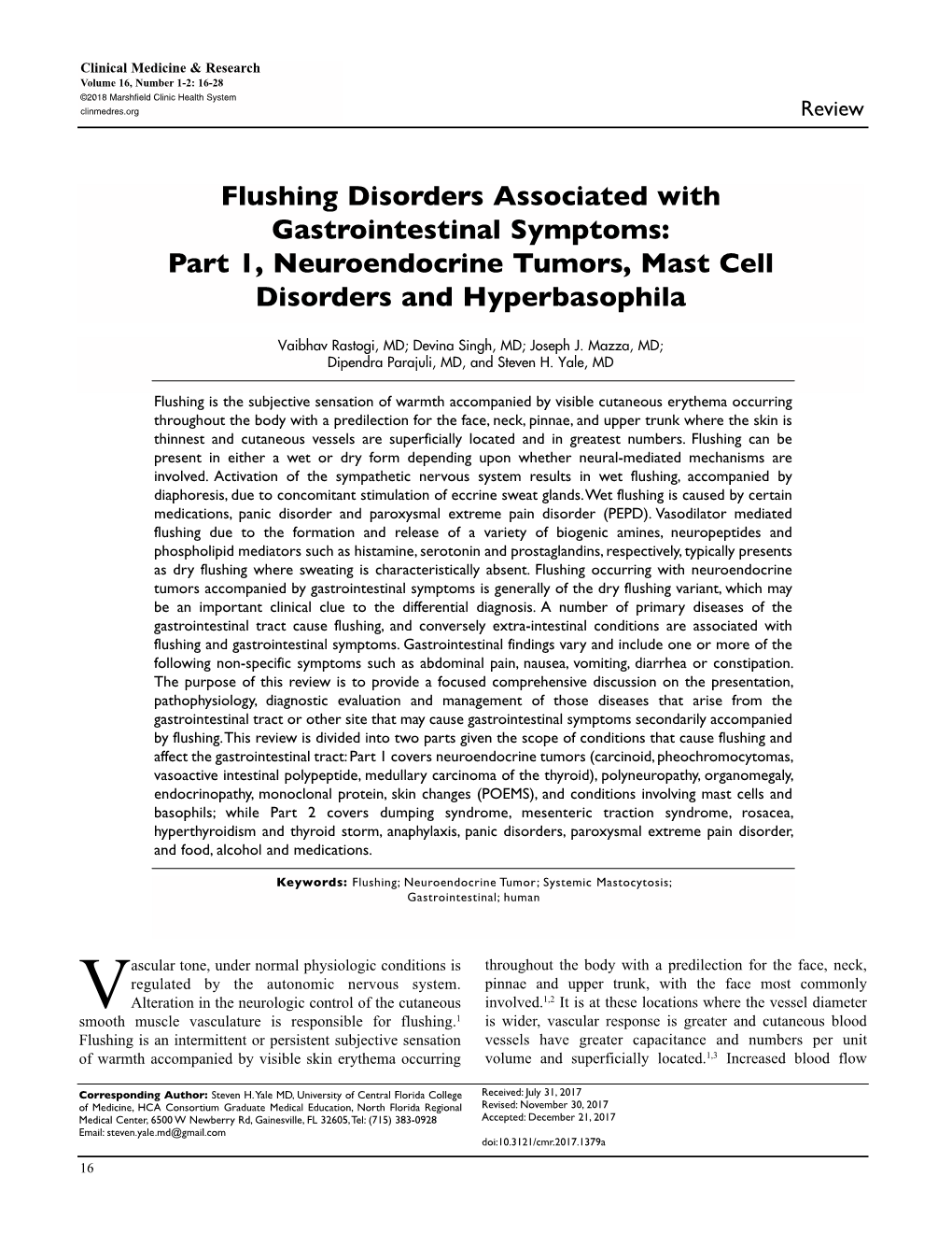 Flushing Disorders Associated with Gastrointestinal Symptoms: Part 1, Neuroendocrine Tumors, Mast Cell Disorders and Hyperbasophila