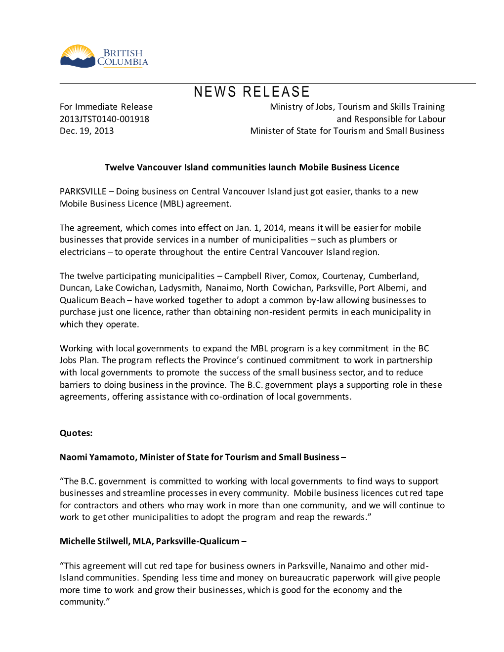 NEWS RELEASE for Immediate Release Ministry of Jobs, Tourism and Skills Training 2013JTST0140-001918 and Responsible for Labour Dec