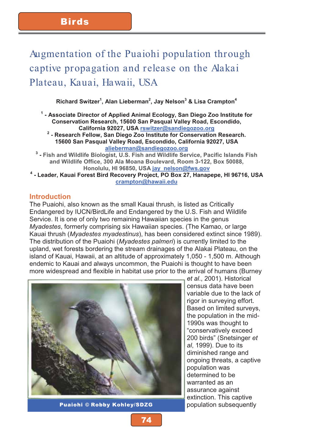 Augmentation of the Puaiohi Population Through Captive Propagation and Release on the Alakai Plateau, Kauai, Hawaii, USA