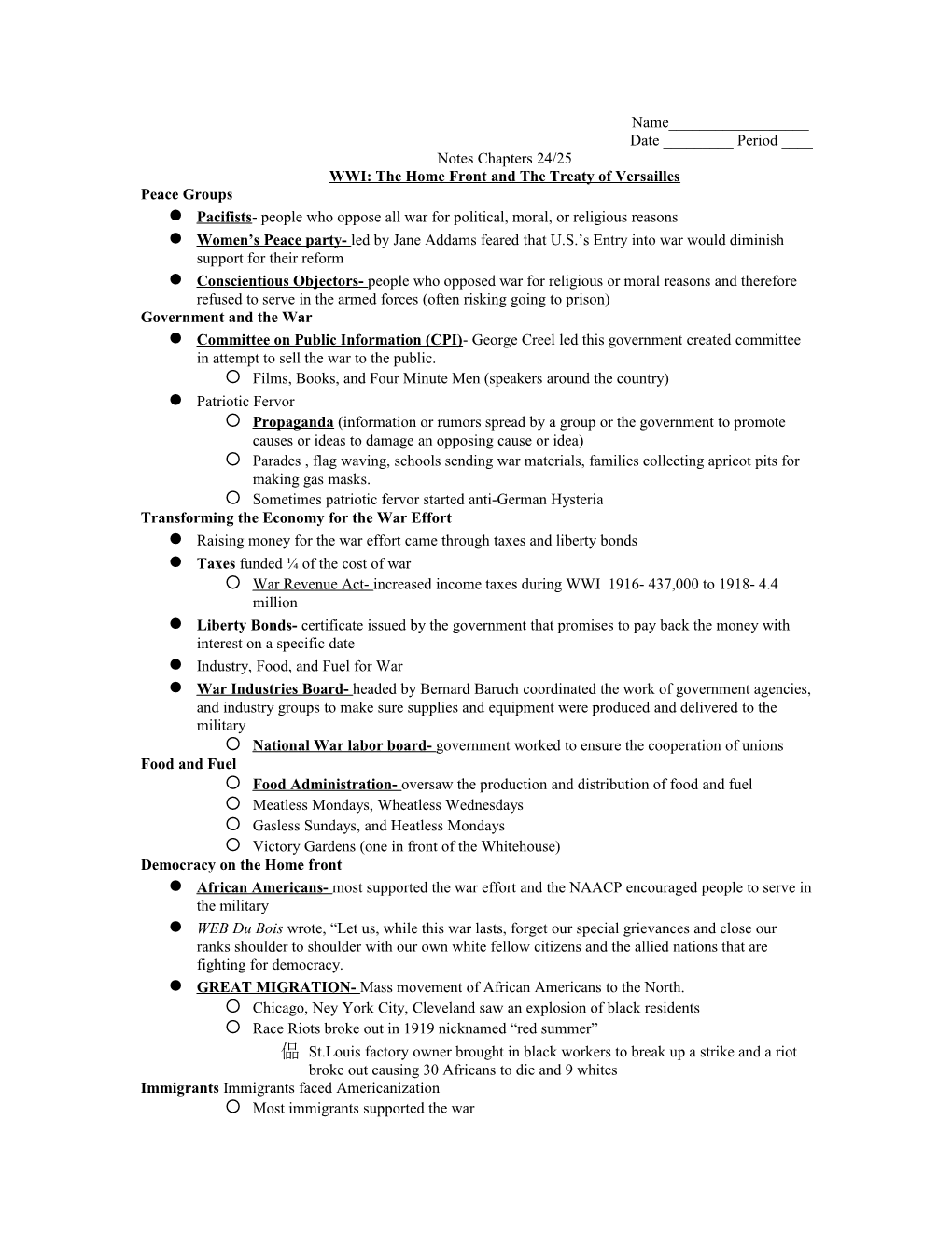 WWI: the Home Front and the Treaty of Versailles