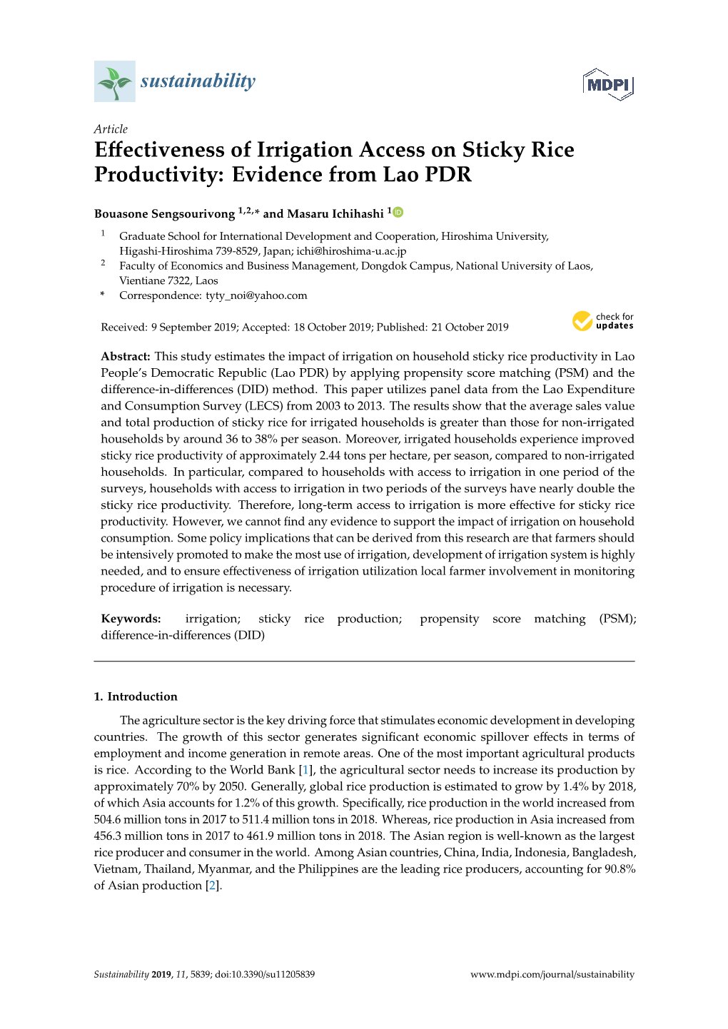 Effectiveness of Irrigation Access on Sticky Rice Productivity