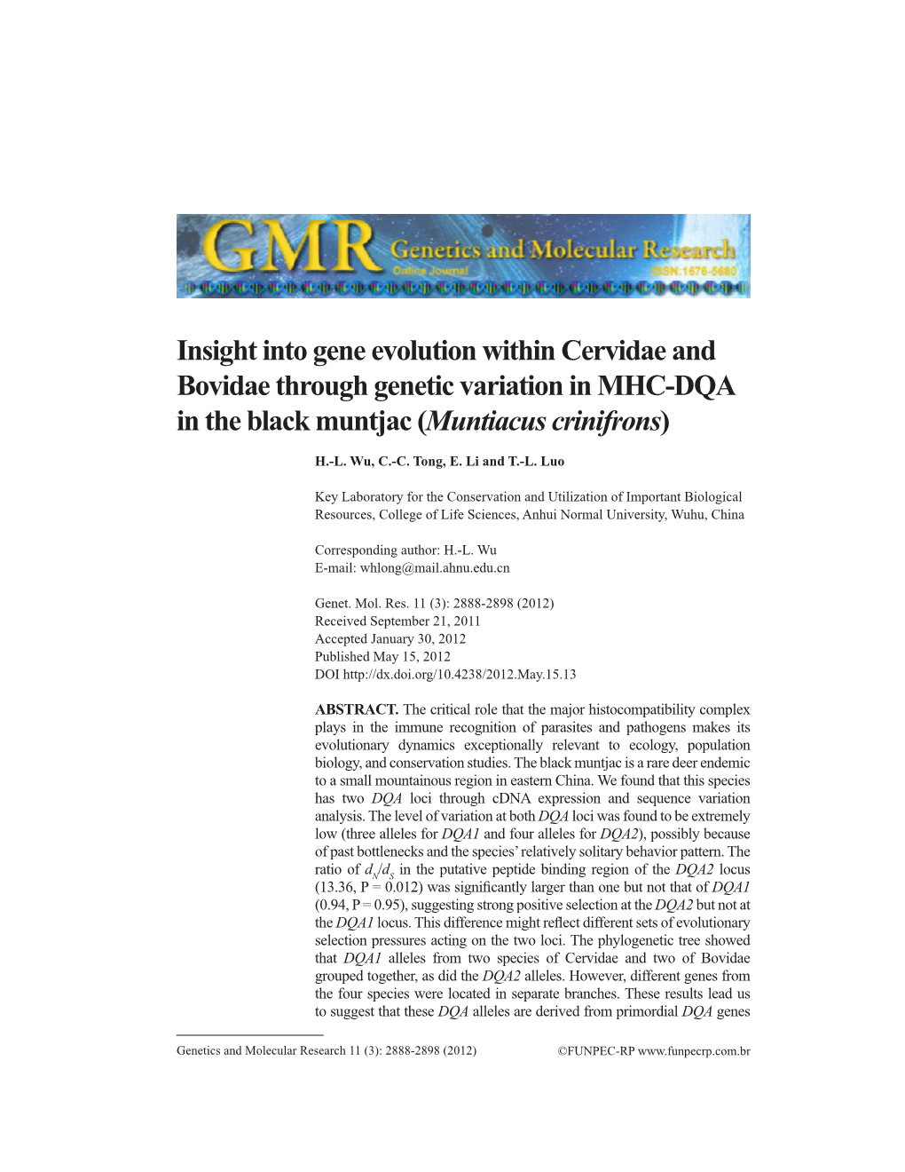 Insight Into Gene Evolution Within Cervidae and Bovidae Through Genetic Variation in MHC-DQA in the Black Muntjac (Muntiacus Crinifrons)