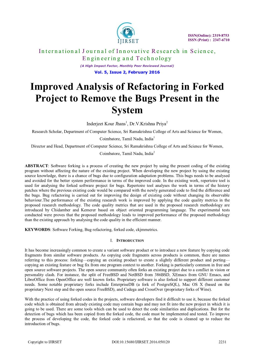 Improved Analysis of Refactoring in Forked Project to Remove the Bugs Present in the System